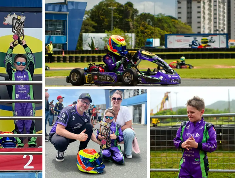 Colagem de fotos do Enrico: no pódio com o troféu, pilotando o kart roxo, com o troféu ao lado de dois adultos e posando no autódromo