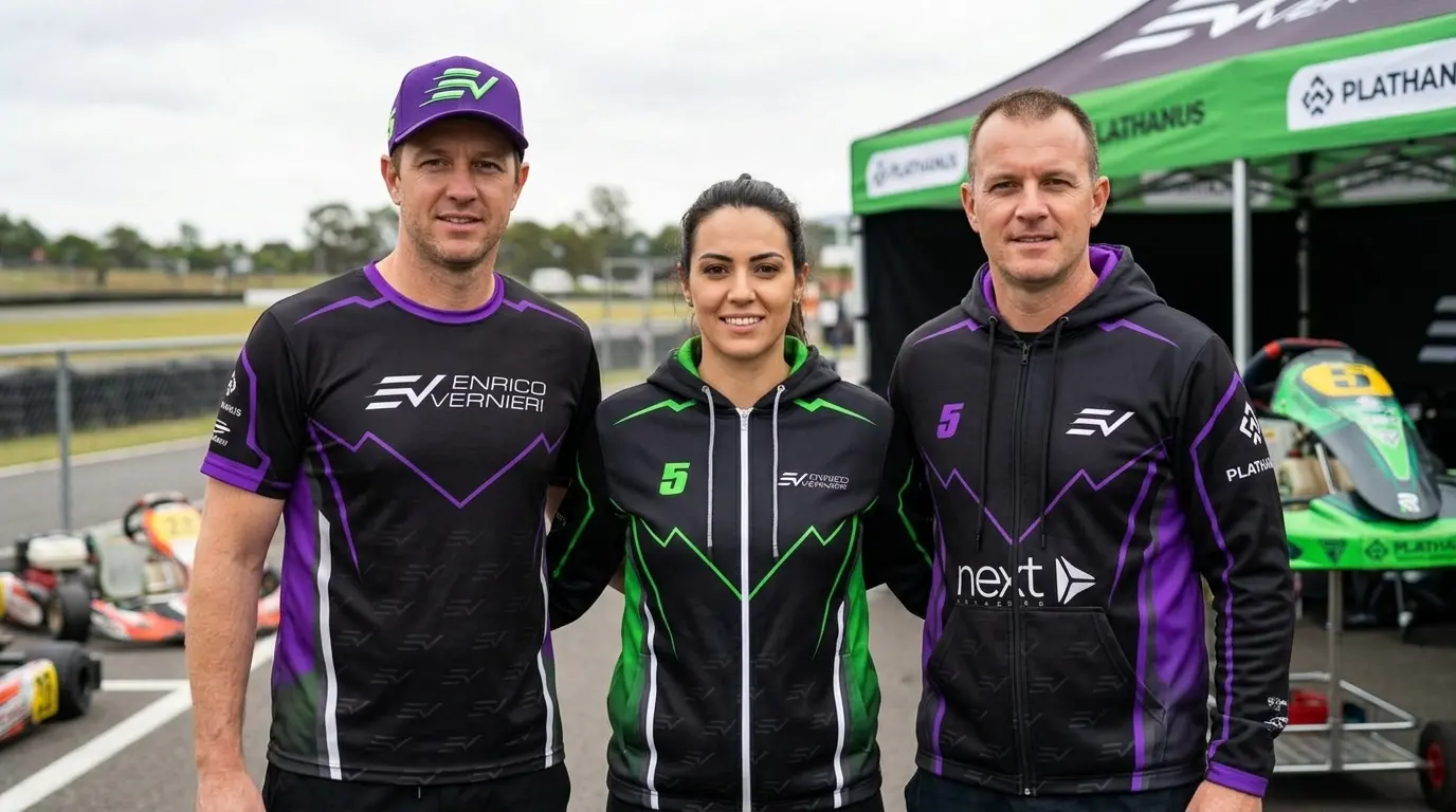 Três pessoas posam na pista de kart com as vestimentas da equipe: uma camiseta e um boné pretos e roxos com a marca EV Enrico Vernieri e dois casacos pretos com detalhes roxos e verdes, um deles com o logo da Next